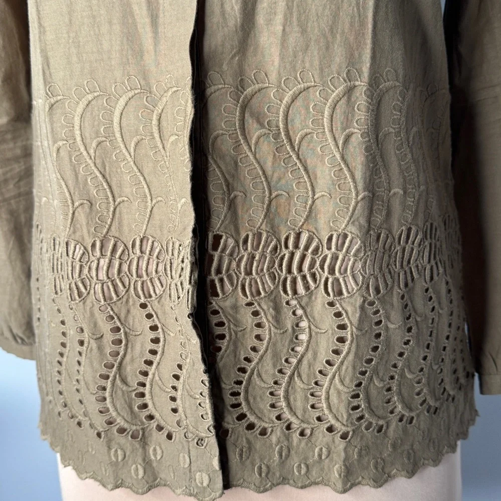 J.Crew Olive Green 100% Cotton Button-Up Women's Top Embroidery Lace Embroidered - Picture 8 of 11